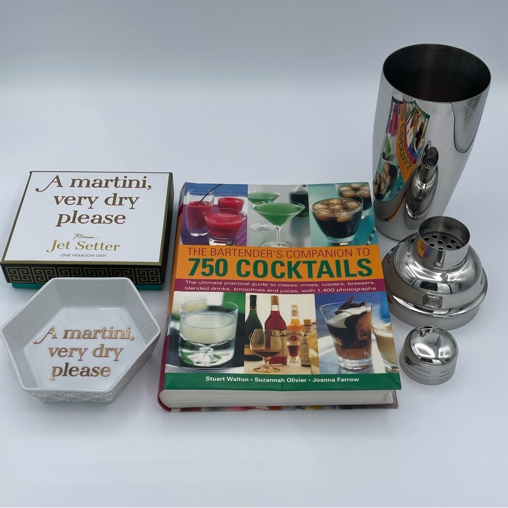 Cocktail Gift Set Includes Recipe Book, Stainless Shaker, Rosanna Martini Dish